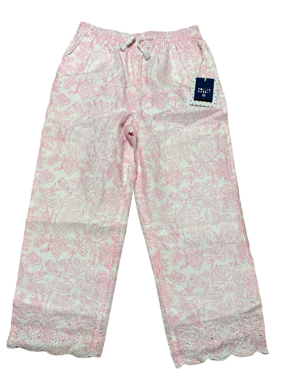 Roller Rabbit Pink and White Floral Eyelet Cozy Lounging Pajama Pants Medium